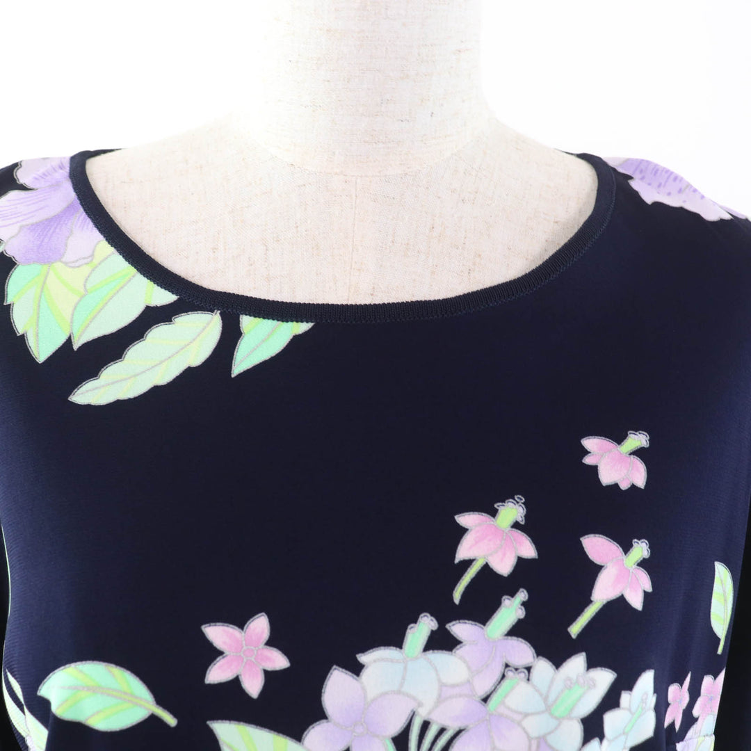 極美品★LEONARD FASHION レオナール ファッション ロゴボタン付 花柄 カーディガン＋半袖カットソー 2点set アンサンブル ネイビー 42