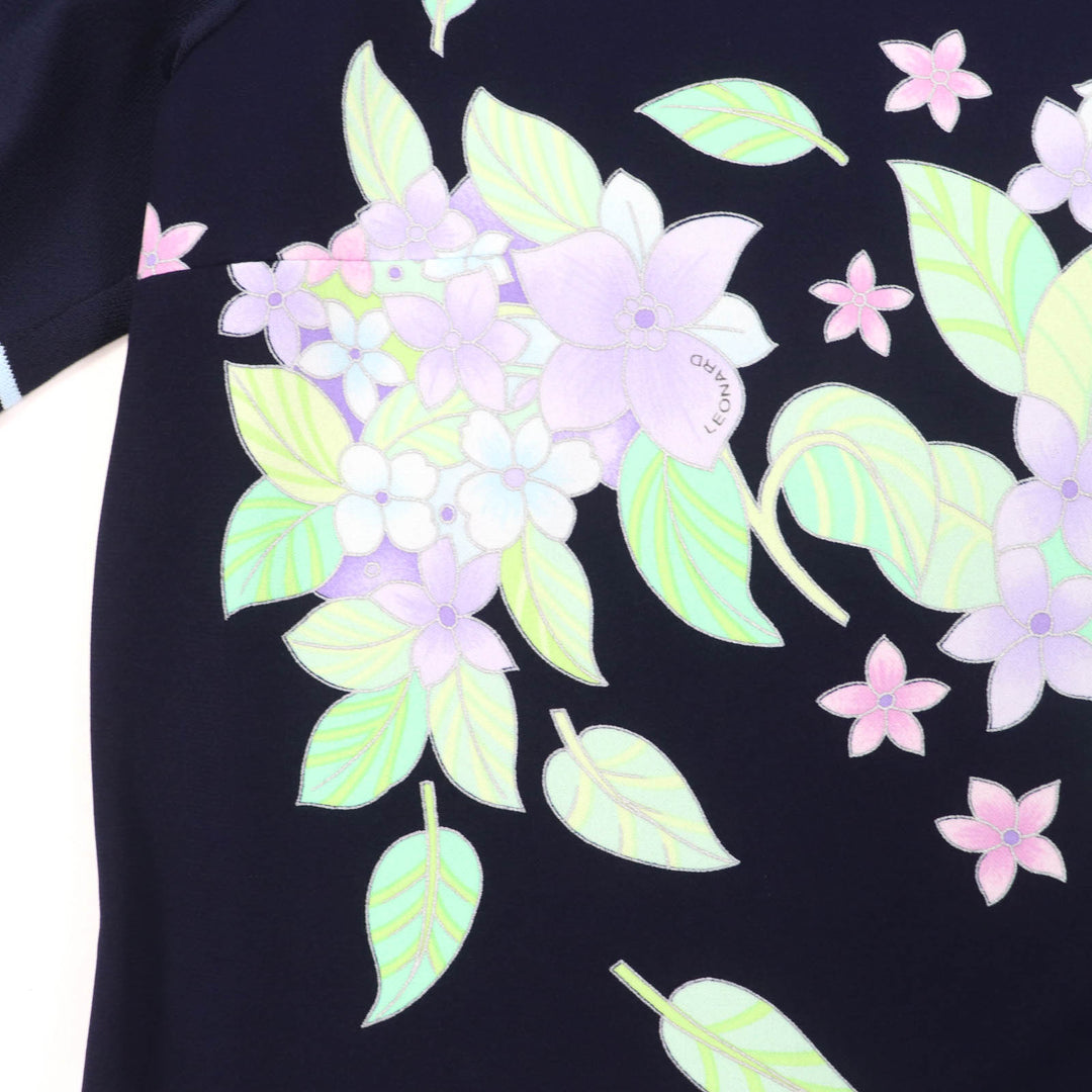 極美品★LEONARD FASHION レオナール ファッション ロゴボタン付 花柄 カーディガン＋半袖カットソー 2点set アンサンブル ネイビー 42