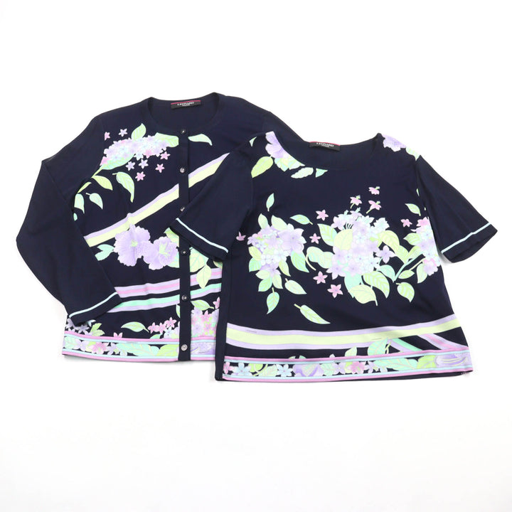 極美品★LEONARD FASHION レオナール ファッション ロゴボタン付 花柄 カーディガン＋半袖カットソー 2点set アンサンブル ネイビー 42