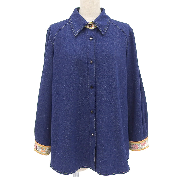 美品▲LEONARD FASHION レオナール ファッション 0265950 シルク100％ 花柄使い 長袖シャツ ブラウス ネイビー 44 日本製 レディース