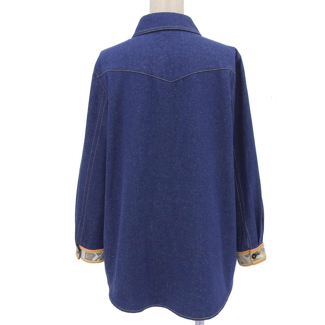 美品▲LEONARD FASHION レオナール ファッション 0265950 シルク100％ 花柄使い 長袖シャツ ブラウス ネイビー 44 日本製 レディース