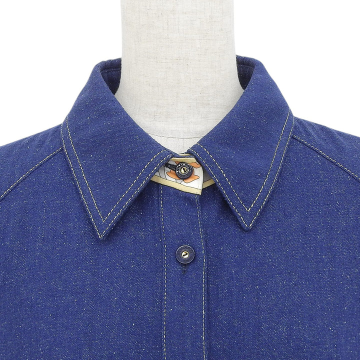 美品▲LEONARD FASHION レオナール ファッション 0265950 シルク100％ 花柄使い 長袖シャツ ブラウス ネイビー 44 日本製 レディース