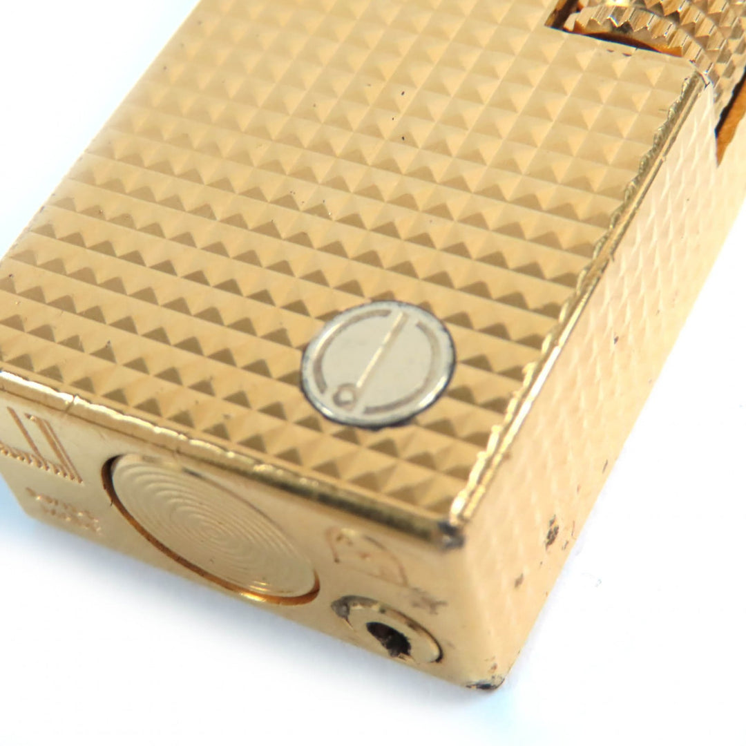 良品△Dunhill ダンヒル 総柄 ロゴ刻印 スクエア ローラー式 ガスライター 喫煙グッズ ゴールド メンズ 着火確認済み