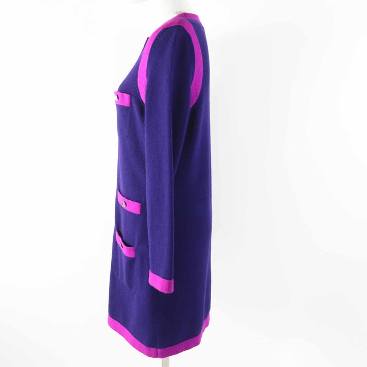 極美品◎CHANEL シャネル 23AW P75656 カシミヤ100％ ラインストーン ココマークボタン ロングニット カーディガン ネイビー パープル 36