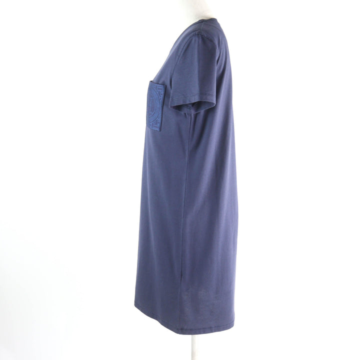 極美品★HERMES エルメス 23SS 3E4509DL コットン100％ Hロゴ刺繍入り ポケット付 クルーネック 半袖 ワンピース ネイビー 36 正規品