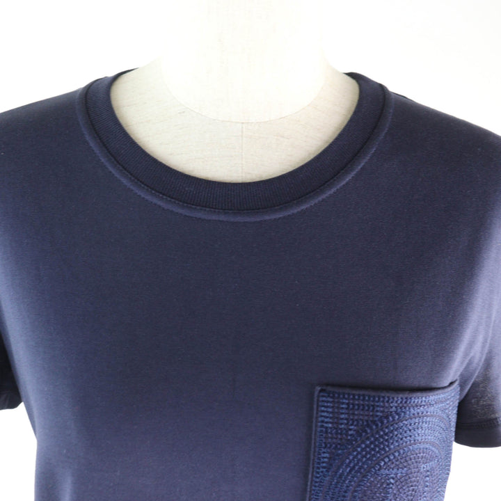 極美品★HERMES エルメス 23SS 3E4509DL コットン100％ Hロゴ刺繍入り ポケット付 クルーネック 半袖 ワンピース ネイビー 36 正規品