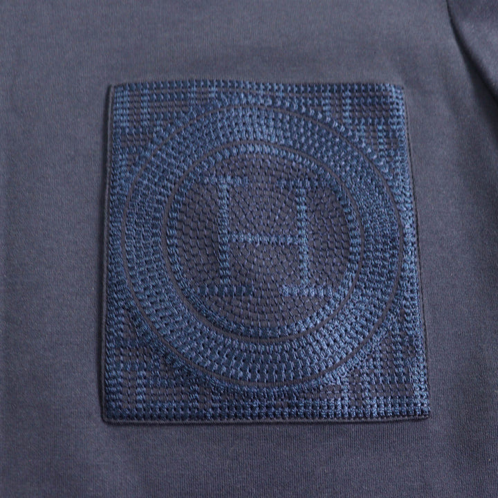 極美品★HERMES エルメス 23SS 3E4509DL コットン100％ Hロゴ刺繍入り ポケット付 クルーネック 半袖 ワンピース ネイビー 36 正規品