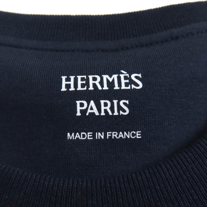 極美品★HERMES エルメス 23SS 3E4509DL コットン100％ Hロゴ刺繍入り ポケット付 クルーネック 半袖 ワンピース ネイビー 36 正規品
