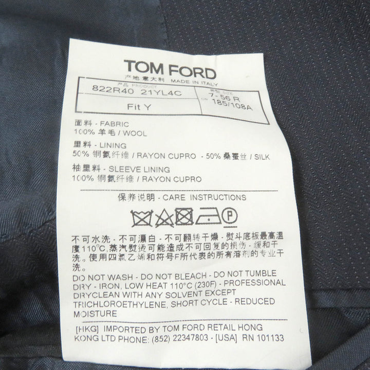 美品□TOM FORD トムフォード ウール 裏地シルク混 ストライプ柄 ピークドラペル シングルスーツ ダークネイビー 56 イタリア製 正規品