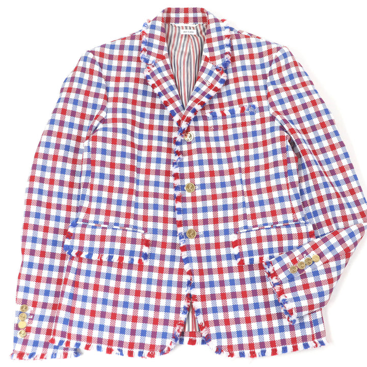 極美品□THOM BROWNE トムブラウン ギンガムチェック フリンジデザイン シングル テーラードジャケット レッド ブルー 2 日本製 正規品