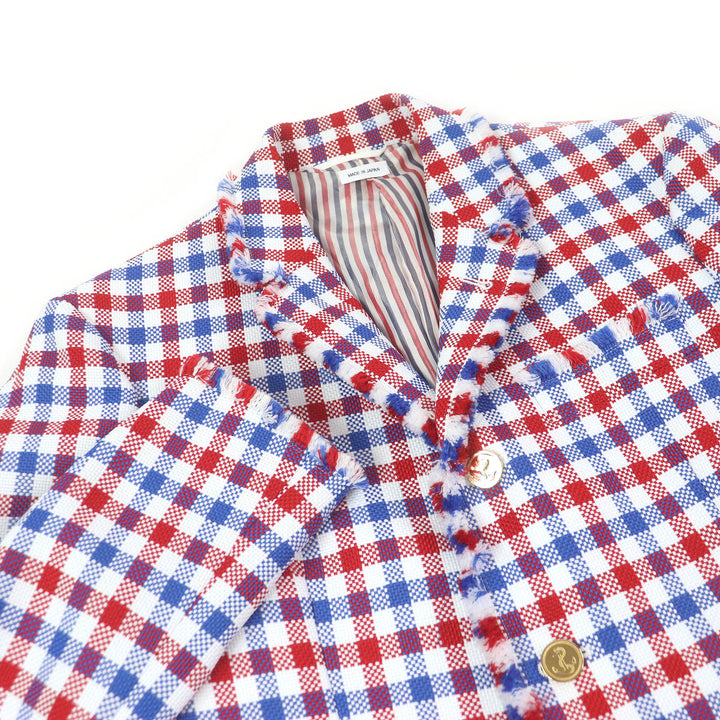 極美品□THOM BROWNE トムブラウン ギンガムチェック フリンジデザイン シングル テーラードジャケット レッド ブルー 2 日本製 正規品