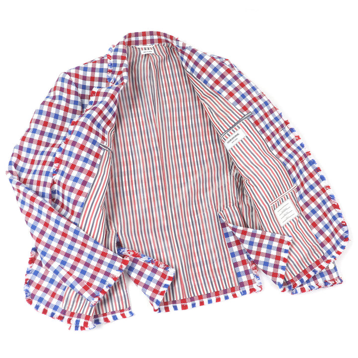 極美品□THOM BROWNE トムブラウン ギンガムチェック フリンジデザイン シングル テーラードジャケット レッド ブルー 2 日本製 正規品