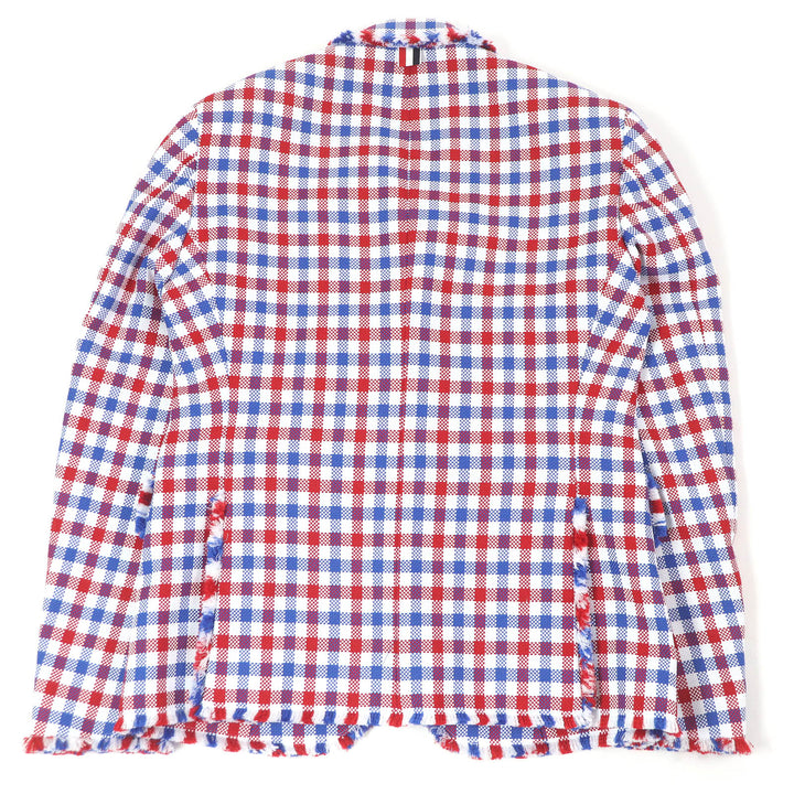 極美品□THOM BROWNE トムブラウン ギンガムチェック フリンジデザイン シングル テーラードジャケット レッド ブルー 2 日本製 正規品