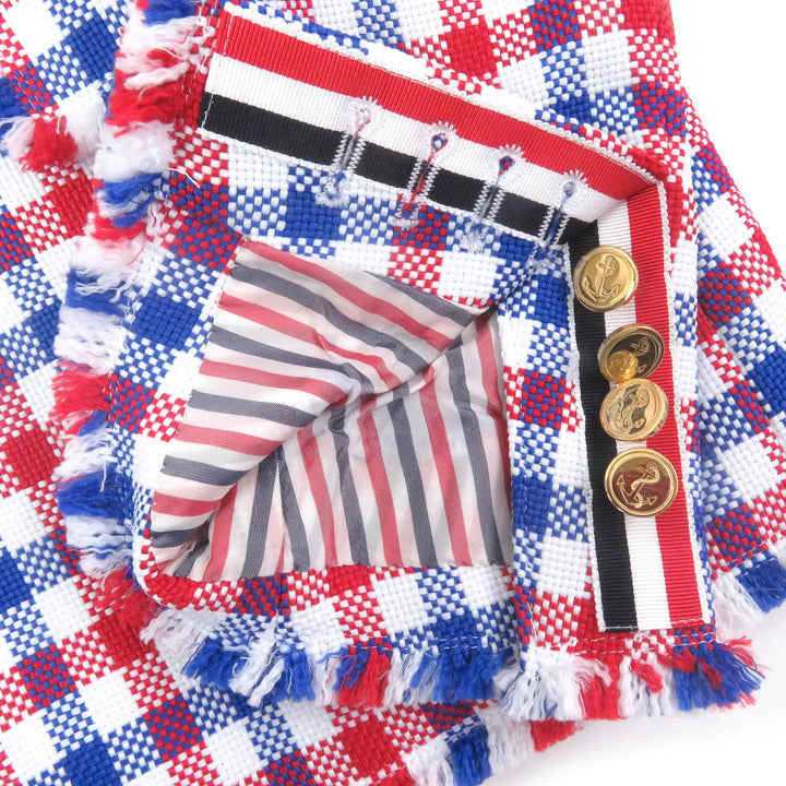極美品□THOM BROWNE トムブラウン ギンガムチェック フリンジデザイン シングル テーラードジャケット レッド ブルー 2 日本製 正規品