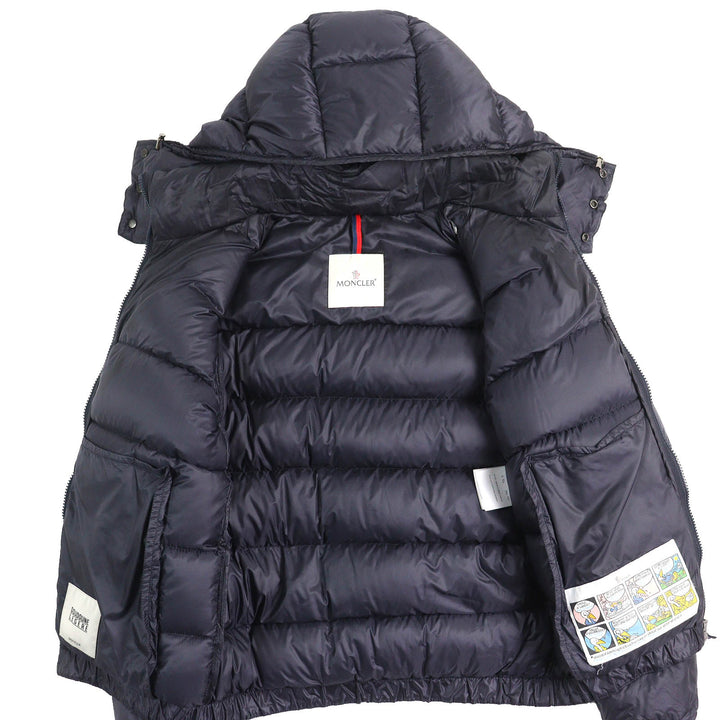 良品△MONCLER モンクレール WILLM ウィルム ロゴワッペン トリコロール フード付き ダブルジップ ダウンジャケット ネイビー 0 正規品