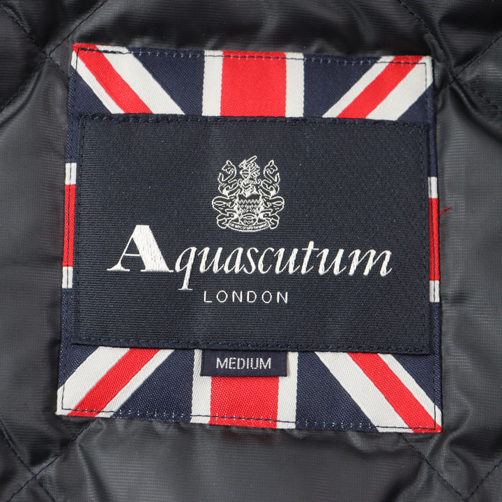 極美品▼Aquascutum アクアスキュータム ツイード ロゴ入りボタン 比翼仕立て ジップアップ ダウンジャケット グレー M 正規品 メンズ