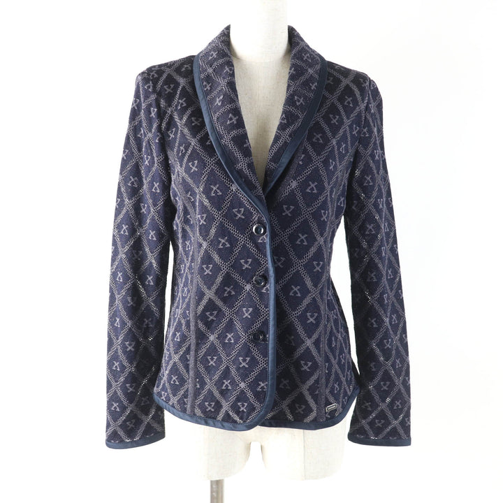 極美品★LEONARD FASHION レオナール ファッション シルク混 ロゴプレート付 総柄 メッシュ ラメ ニットジャケット ネイビー 40 正規品