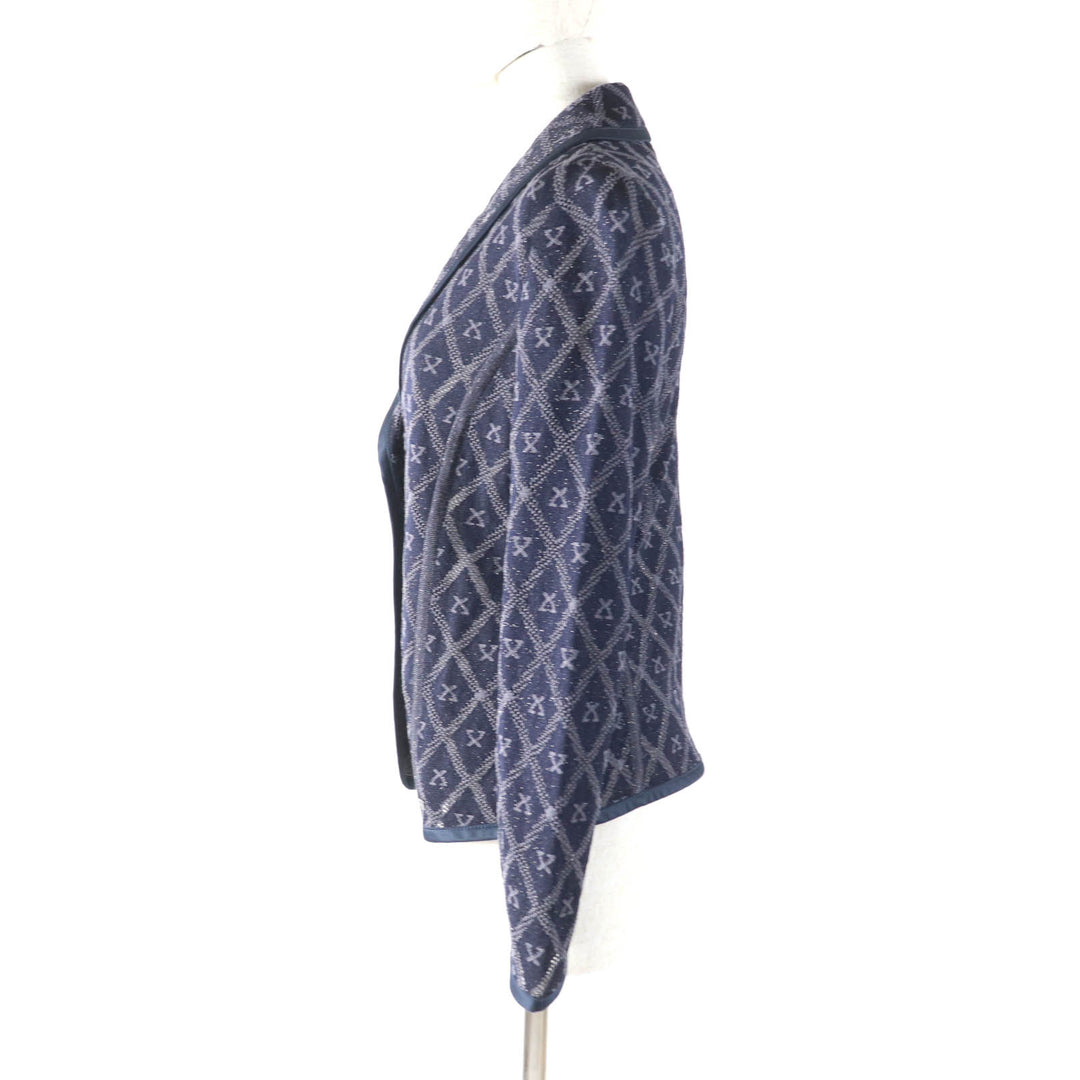 極美品★LEONARD FASHION レオナール ファッション シルク混 ロゴプレート付 総柄 メッシュ ラメ ニットジャケット ネイビー 40 正規品
