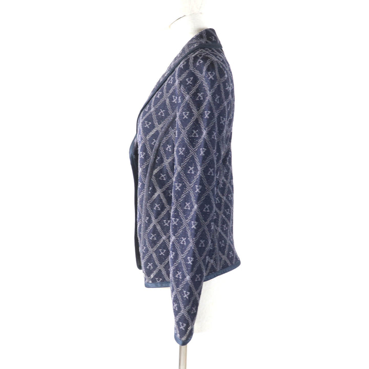 極美品★LEONARD FASHION レオナール ファッション シルク混 ロゴプレート付 総柄 メッシュ ラメ ニットジャケット ネイビー 40 正規品