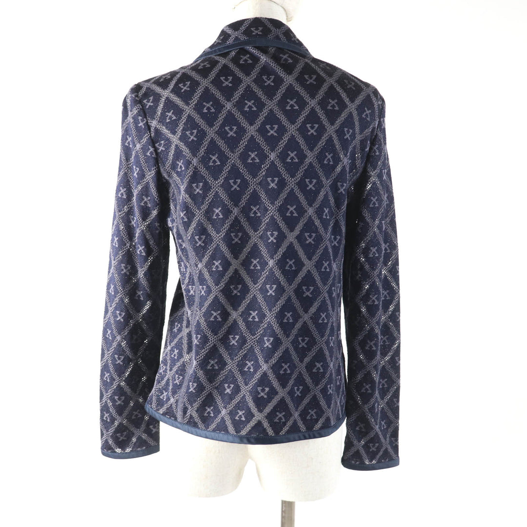 極美品★LEONARD FASHION レオナール ファッション シルク混 ロゴプレート付 総柄 メッシュ ラメ ニットジャケット ネイビー 40 正規品