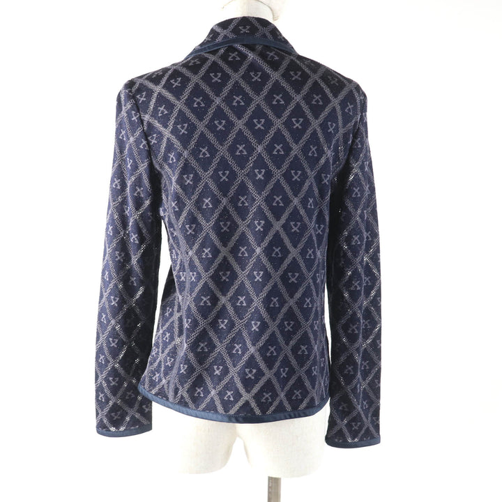 極美品★LEONARD FASHION レオナール ファッション シルク混 ロゴプレート付 総柄 メッシュ ラメ ニットジャケット ネイビー 40 正規品