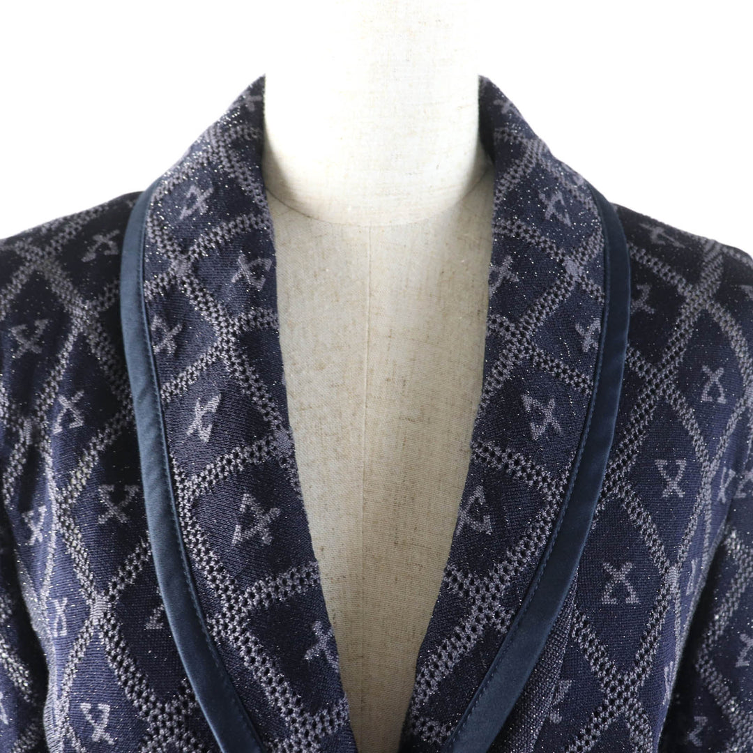 極美品★LEONARD FASHION レオナール ファッション シルク混 ロゴプレート付 総柄 メッシュ ラメ ニットジャケット ネイビー 40 正規品