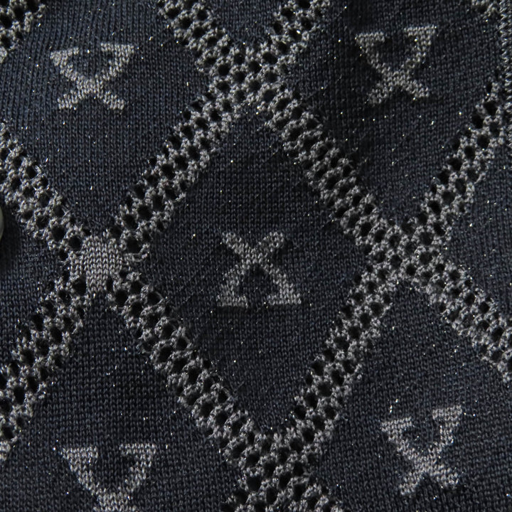 極美品★LEONARD FASHION レオナール ファッション シルク混 ロゴプレート付 総柄 メッシュ ラメ ニットジャケット ネイビー 40 正規品