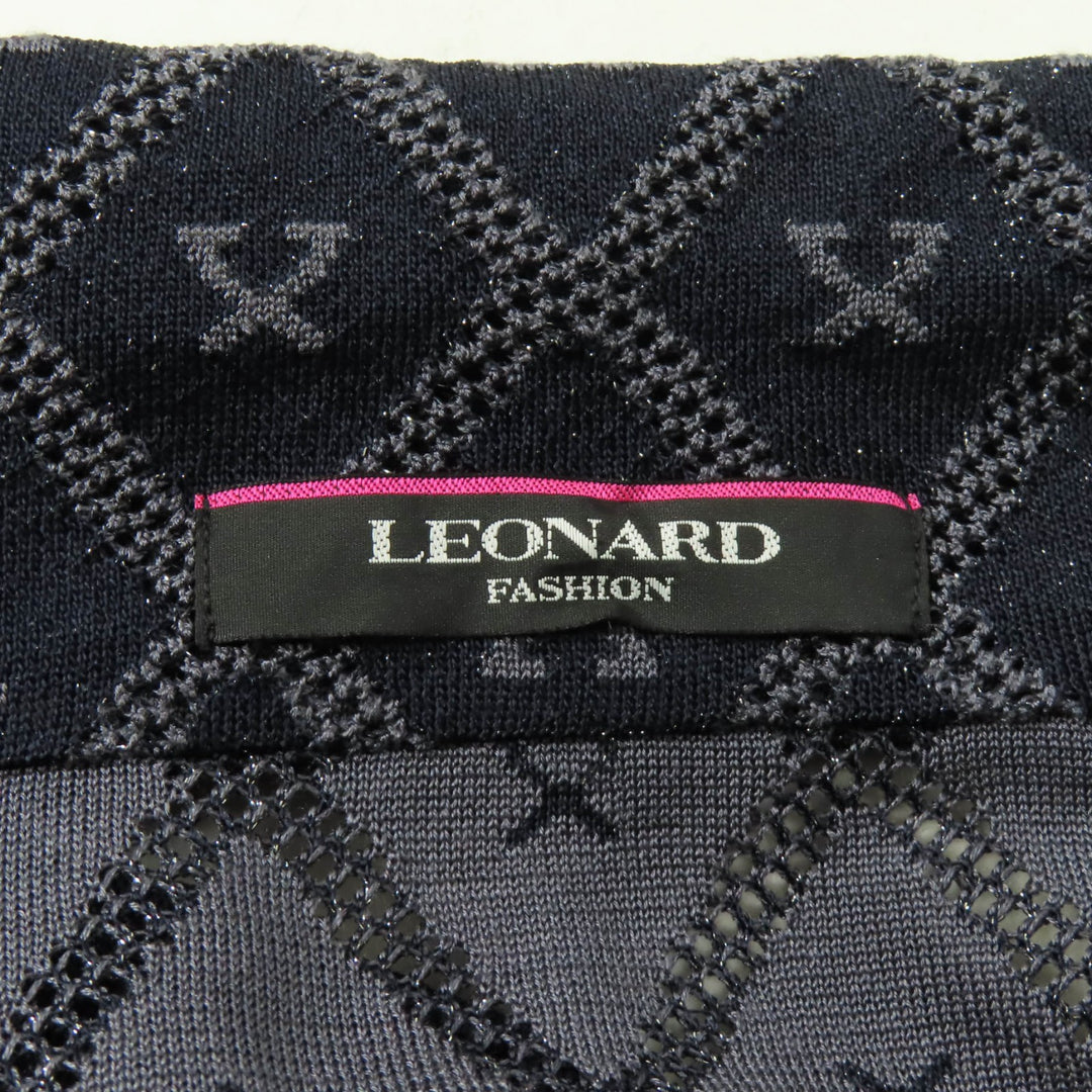 極美品★LEONARD FASHION レオナール ファッション シルク混 ロゴプレート付 総柄 メッシュ ラメ ニットジャケット ネイビー 40 正規品
