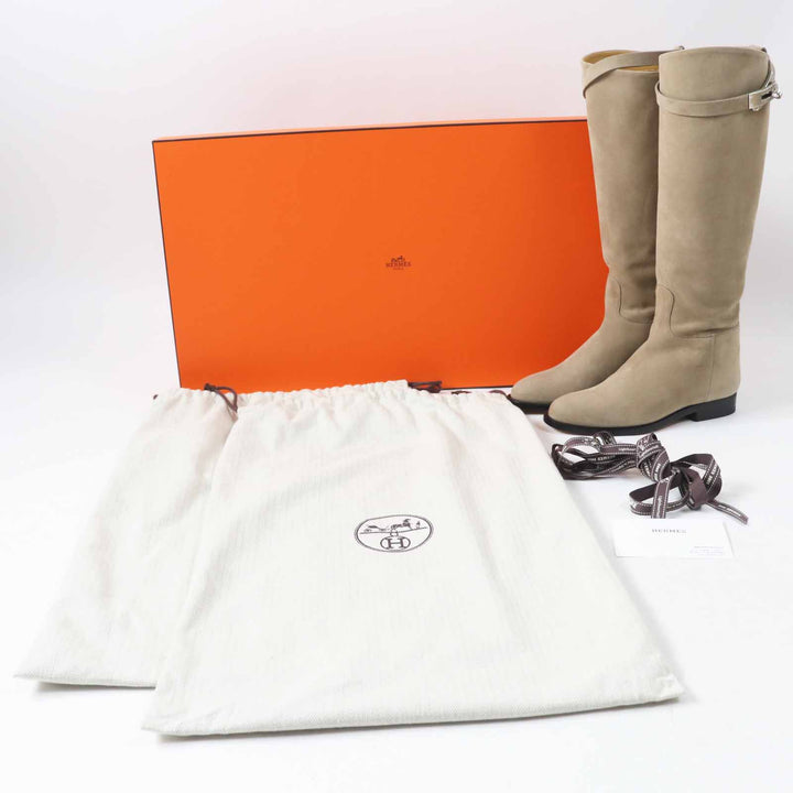 未使用品◎HERMES エルメス シルバー金具 ケリーバックル シェーヴル・ヴェロア ジャンピングブーツ／ロングブーツ ベージュサーブル 34