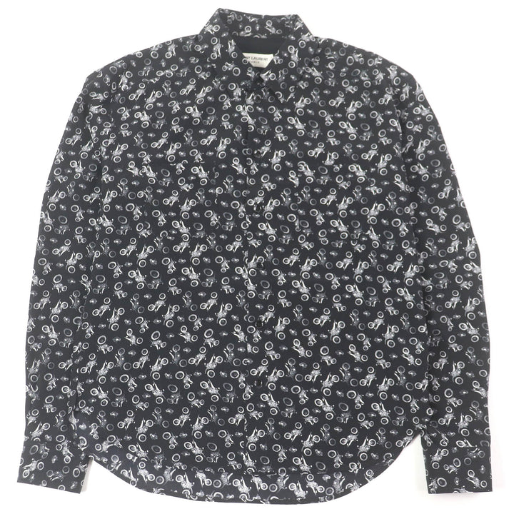 極美品□SAINT LAURENT PARIS サンローランパリ 2019年製 515299 シルク100％ バイク 総柄 長袖シャツ ブラック 36 イタリア製 正規品