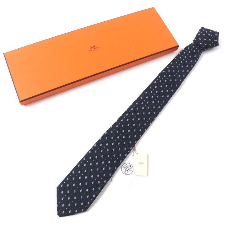 未使用品▼HERMES エルメス 2020年製 349289T シルク63% ANTHRACITE/CIEL/ORANG クラヴァット ペイズリー ドット ネクタイ 7cm 箱付き