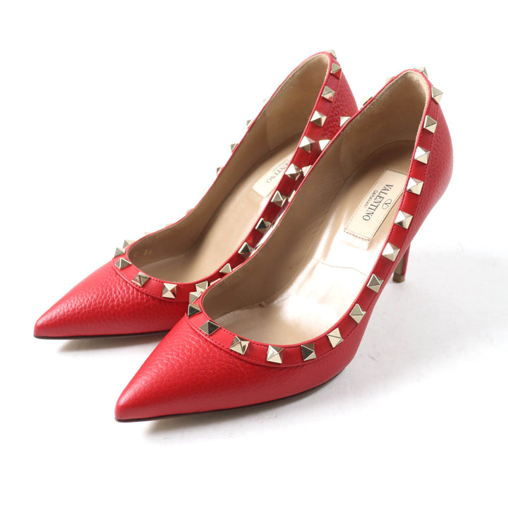 美品★Valentino Garavani ヴァレンティノガラヴァーニ ロックスタッズ付 ポインテッドトゥ レザー パンプス レッド 36 箱・保存袋付