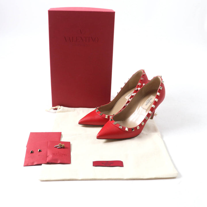 美品★Valentino Garavani ヴァレンティノガラヴァーニ ロックスタッズ付 ポインテッドトゥ レザー パンプス レッド 36 箱・保存袋付