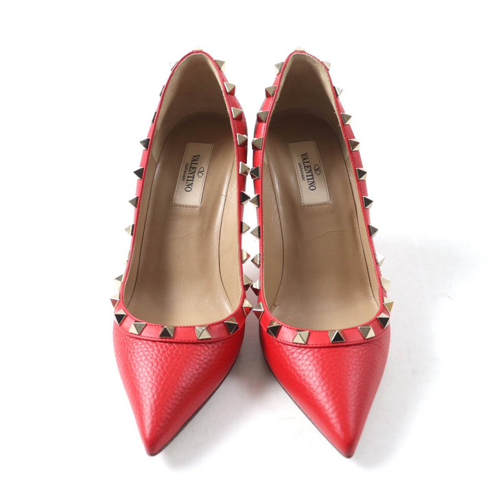美品★Valentino Garavani ヴァレンティノガラヴァーニ ロックスタッズ付 ポインテッドトゥ レザー パンプス レッド 36 箱・保存袋付