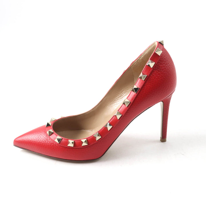 美品★Valentino Garavani ヴァレンティノガラヴァーニ ロックスタッズ付 ポインテッドトゥ レザー パンプス レッド 36 箱・保存袋付