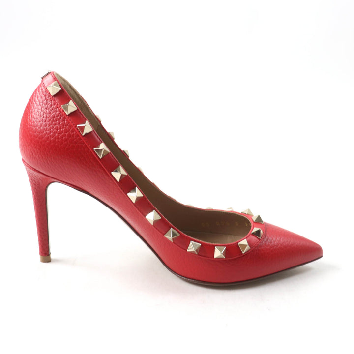 美品★Valentino Garavani ヴァレンティノガラヴァーニ ロックスタッズ付 ポインテッドトゥ レザー パンプス レッド 36 箱・保存袋付