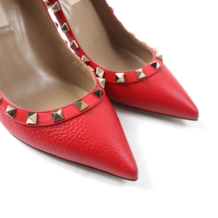 美品★Valentino Garavani ヴァレンティノガラヴァーニ ロックスタッズ付 ポインテッドトゥ レザー パンプス レッド 36 箱・保存袋付