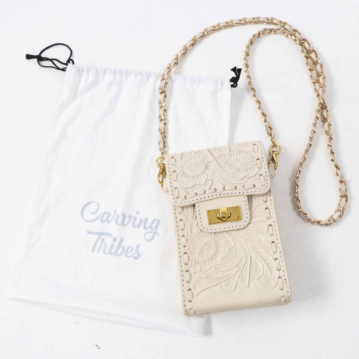 極美品◎Carving Tribes カービング トライブス Chain mini BAG チェインミニバッグ レザーショルダーバッグ ベージュ ゴールド金具 袋