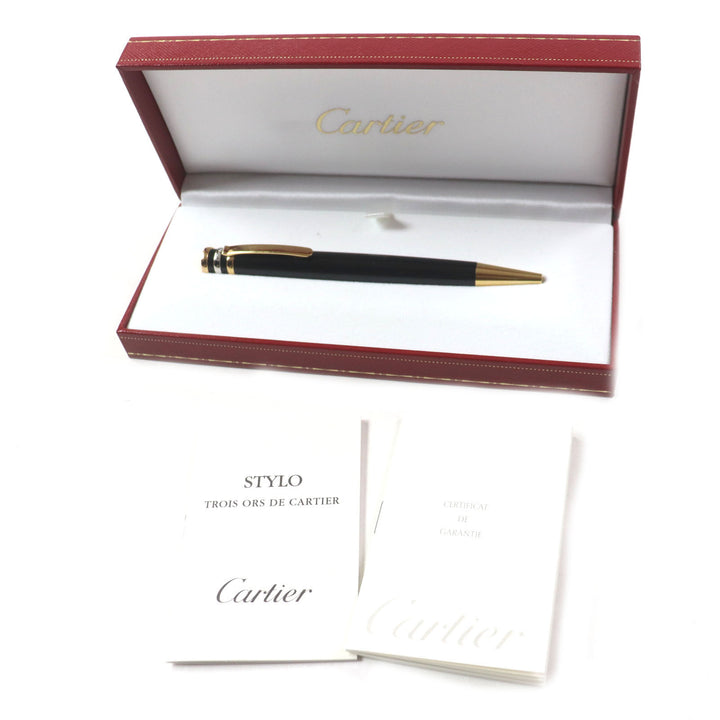 良品▼Cartier カルティエ トリニティ ロゴ刻印入り ツイスト式 ボールペン ブラック ゴールド ケース付 フランス製 メンズ 筆記確認済み