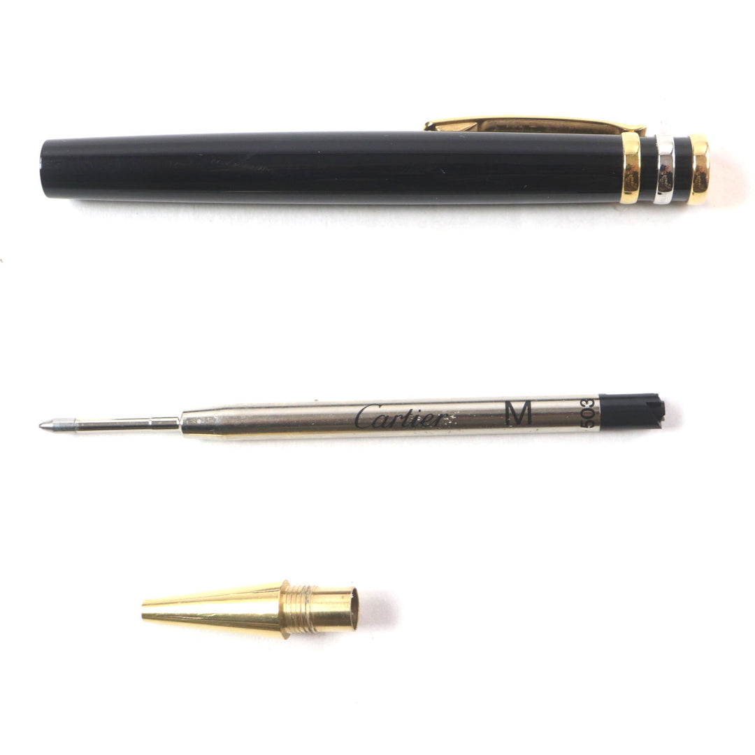 良品▼Cartier カルティエ トリニティ ロゴ刻印入り ツイスト式 ボールペン ブラック ゴールド ケース付 フランス製 メンズ 筆記確認済み