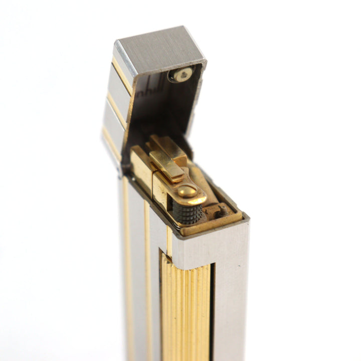 美品○Dunhill ダンヒル ストライプ柄 スクエアフォルム ローラー式 喫煙グッズ ガスライター シルバー ゴールド スイス製 着火確認済