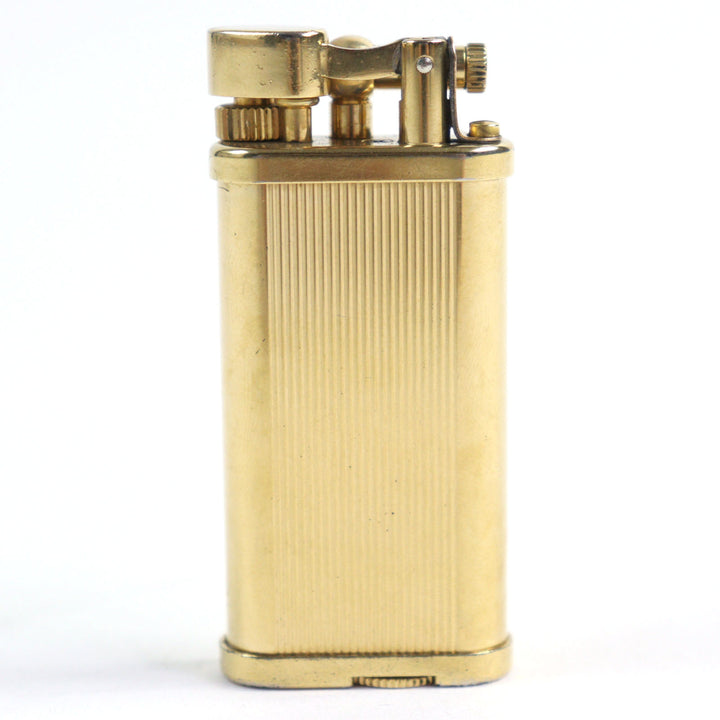 良品○Dunhill ダンヒル ユニーク ハンマー式 ストライプ柄 オーバルフォルム 喫煙グッズ ガスライター ゴールド 英国製 着火確認済み