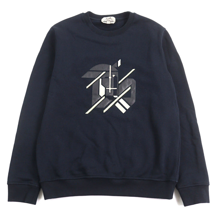 美品○HERMES エルメス 23SS シュヴォー アン シンメトリー 羊革 レザーパッチ 裏起毛 クルーネック スウェットシャツ S 正規品 メンズ