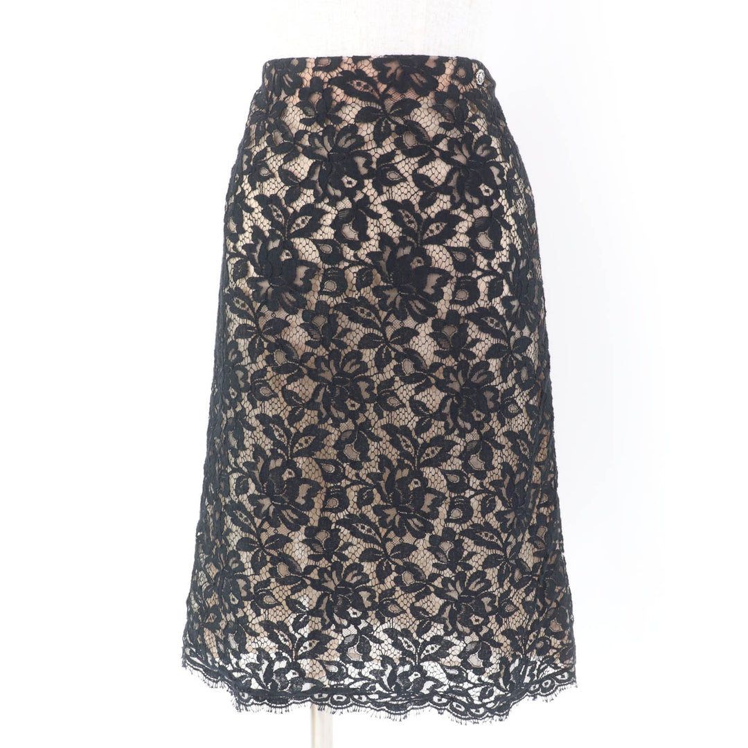 極美品☆CHANEL シャネル P64618V60643 裏地シルク100％ 総レース ライオン金具付 スカート ブラック 38 フランス製 正規品 レディース