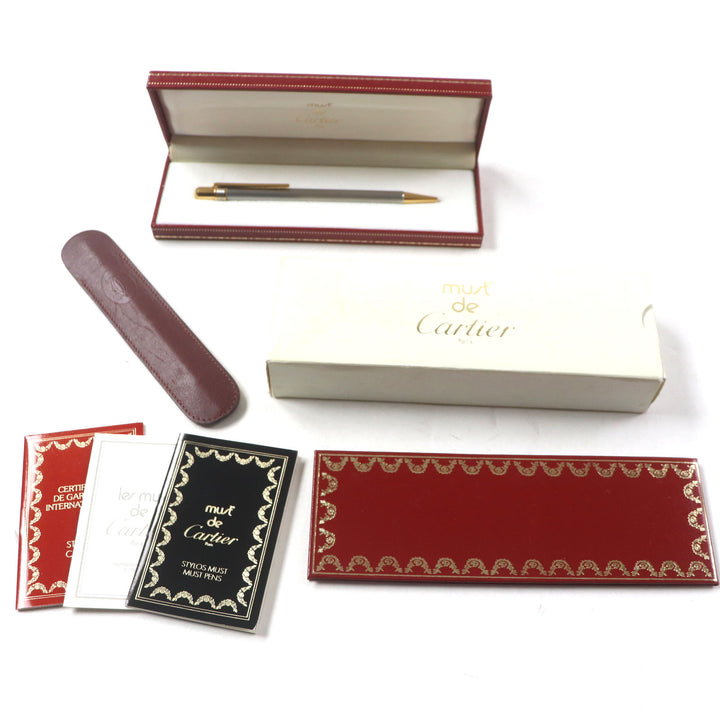 美品▼Cartier カルティエ ラブ ドゥ カルティエ ヘアライン ロゴ刻印入り ツイスト式 ボールペン シルバー ゴールド 箱付き フランス製