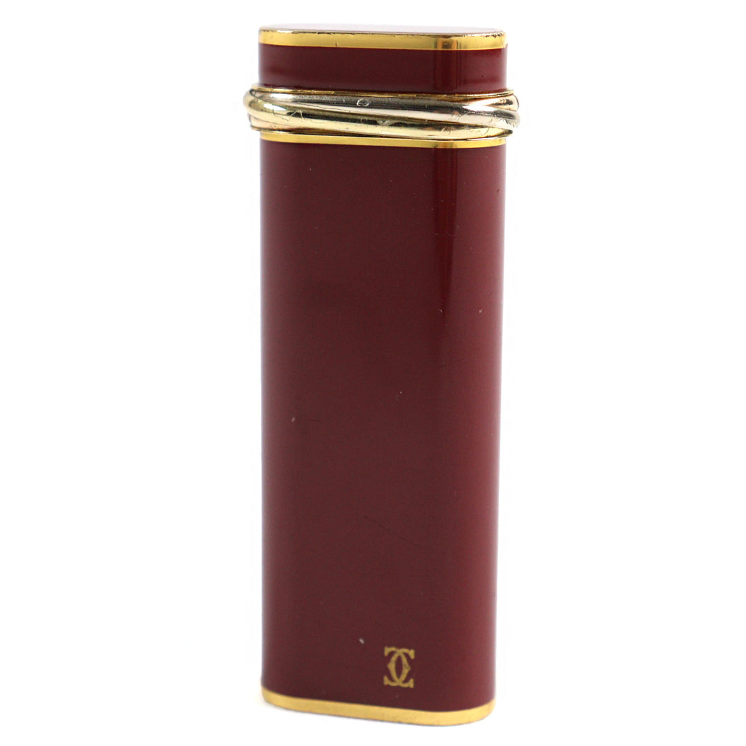 良品○Cartier カルティエ トリニティ ラッカー オーバルフォルム ローラー式 喫煙グッズ ガスライター ボルドー ゴールド 着火確認済