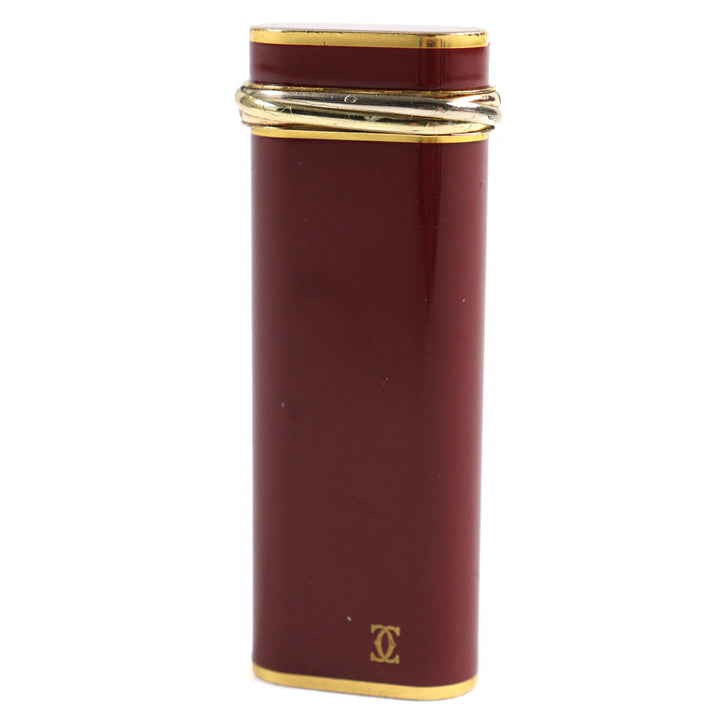 良品○Cartier カルティエ トリニティ ラッカー オーバルフォルム ローラー式 喫煙グッズ ガスライター ボルドー ゴールド 着火確認済