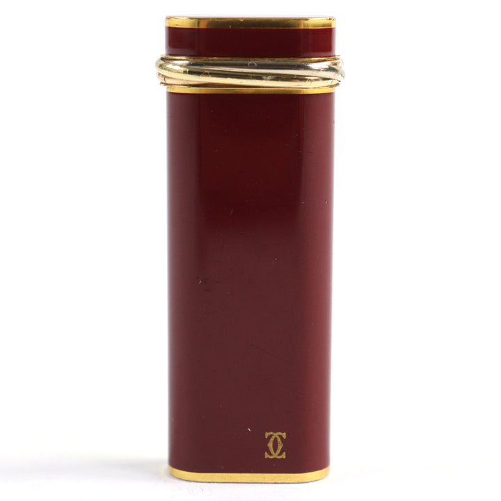 良品○Cartier カルティエ トリニティ ラッカー オーバルフォルム ローラー式 喫煙グッズ ガスライター ボルドー ゴールド 着火確認済