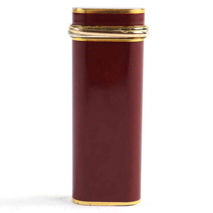 良品○Cartier カルティエ トリニティ ラッカー オーバルフォルム ローラー式 喫煙グッズ ガスライター ボルドー ゴールド 着火確認済