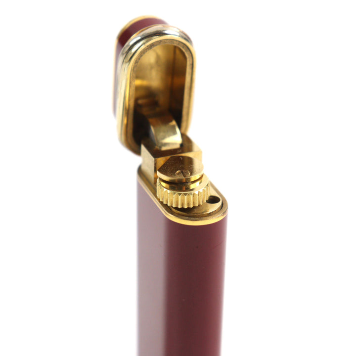 良品○Cartier カルティエ トリニティ ラッカー オーバルフォルム ローラー式 喫煙グッズ ガスライター ボルドー ゴールド 着火確認済